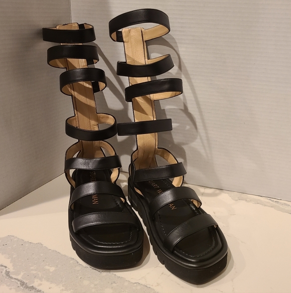 Stuart Weitzman Gala Lift Tall Leather Gladiator Sandals in Black Sz 5½ - Picture 5 of 14